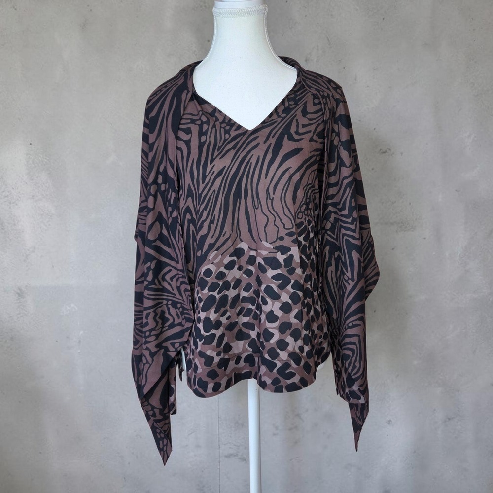 Black Label by Chico's Mixed Animal Print Cape Long Sleeve Blouse XS Brown Black
